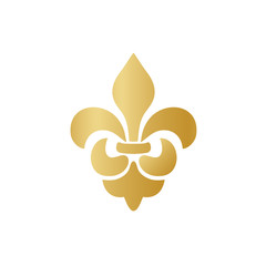 Vector gold Fleur de lis ornament icon on white background. Royal heraldic symbol. Vector illustration © Maria Cherevan