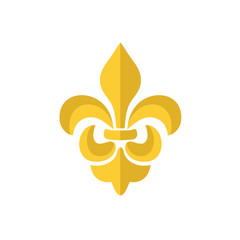Vector gold Fleur de lis ornament icon on white background. Royal heraldic symbol. Vector illustration. © Maria Cherevan