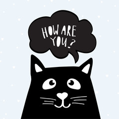 Funny black cat with text I Love you in speech bubble. Cute illustration on white background.