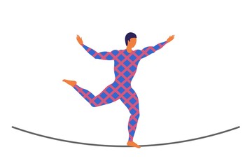 Vector ropewalker walker on a long rope on a white background. Balancing funambulist in leotard, circus artist. The figure of a young tightrope-dancer. Circus illustration vector wire-dancer
