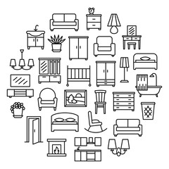 Furniture linear icons sale banner set in circle