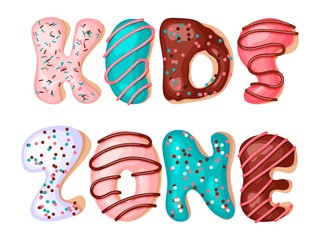 Kids zone cartoon inscription letters from donuts  on a white background. Vector illustration. Playground and game banner for children with colored letters