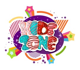 Kids zone cartoon inscription letters from donuts  on a white background. Vector illustration. Playground and game banner for children with colored letters