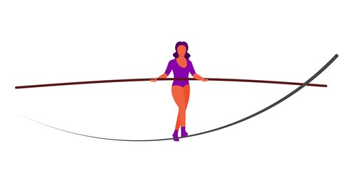 Vector ropewalker walker on a long rope on a white background. Balancing funambulist in leotard, circus artist. The figure of a young tightrope-dancer. Circus illustration vector wire-dancer - 259480486