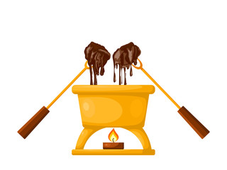 Vector Chocolate fondue with a candle on a white background. Capacity, two forks, two pieces of bread and chocolate. Vector illustration