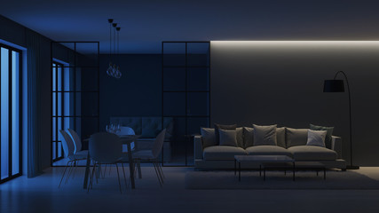 Modern house interior. Bedroom behind glass partitions. Night. Evening lighting. 3D rendering.