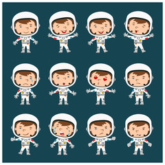Set of funny astronaut in cartoon style in different poses and emotions isolated on dark background
