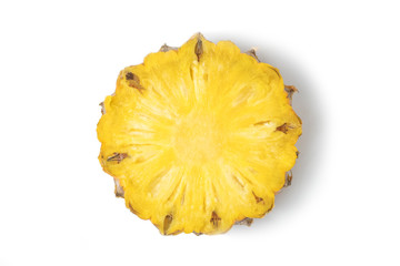 pineapple fresh circle cut isolated. The fruit is vitamin C. top view on white background and clipping path. The name of science : Ananas comosus.