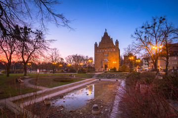 Beautiful architecture of the old town in Torun at dusk, Poland.