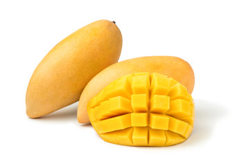 Mango fresh fruit with cubes and slices. Isolated on a white background and clipping path.