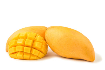 Mango fresh fruit with cubes and slices. Isolated on a white background and clipping path.