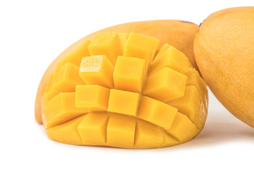 Mango fresh fruit with cubes and slices. Isolated on a white background and clipping path.