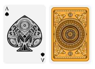 Ace of spades in motorcycle style. Face with bike wheels, race flags inside spades form and back with motorcycle wheel and round pattern on golden suit. Vector card template