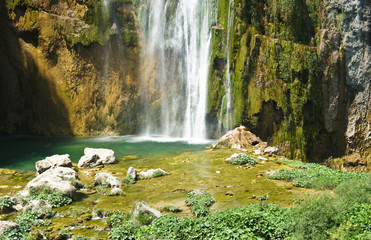 Part of the large waterfall, Plitvice Lakes in Croatia, National Park, beautiful view, sunny day