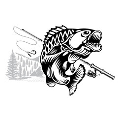 Perch fish bend in engrving style with spinning. Logo for fishing, championship and sport club on white
