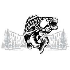 Perch fish bend in engrving style with landscape. Logo for fishing, championship and sport club on white