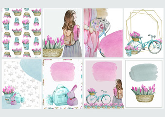 watercolor set of stickers, watercolor elements pink tulips in a blue bucket, pink tulips with a blue bicycle, a girl with a bicycle