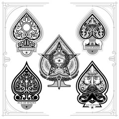 Set of ace of spades with forging curl pattern, facewith beard, star with torch. Prints isolated on white