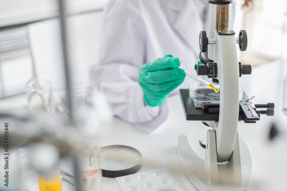 Wall mural a scientist working in laboratory with test tube microscope and solutions.