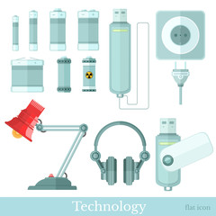 Set of technology flat icons on white. lamp, battery, headphones and flash drive