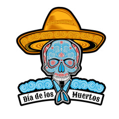 Male skull front view with mexican hat and pattern on face symbol of Dia de los Muertos holiday. Color illustration isolated on white