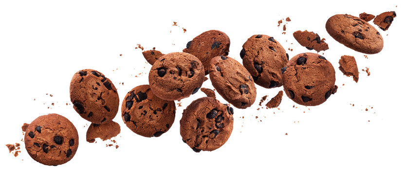 Falling broken chocolate chip cookies isolated on white background with clipping path