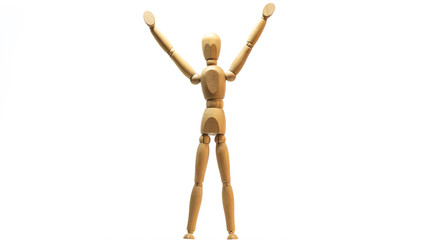 Concetto di successo rappresentato da omino di legno con sfondo bianco.