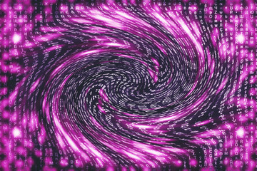 Pink matrix digital background. Distorted cyberspace concept. Characters fall down in wormhole. Hacked matrix. Virtual reality design. Complex algorithm data hacking. Pink digital sparks.