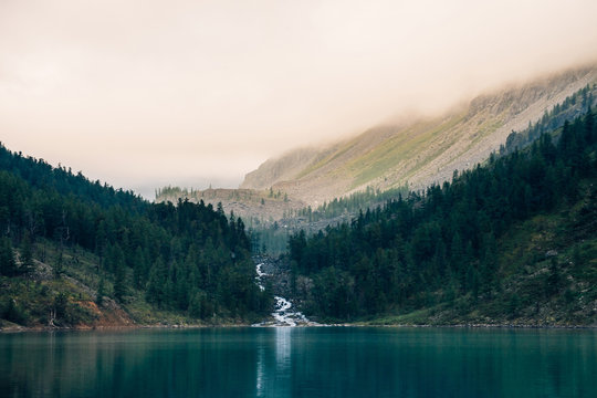 Ghostly forest near mountain lake in early morning. Mountain creek flows into lake. Ripple on smooth water surface. Low clouds. Dark calm atmospheric misty woodland landscape. Tranquil atmosphere.