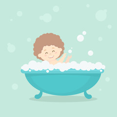 Happy laughing girl baby having bath and playing with lots of shampoo foam bubbles. Little smiling child in bathtub. Hygiene care for young children. Flat style vector cartoon illustration.