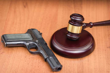  Court for the illegal use of weapons. Sentence for murder. Judge's gavel on wooden table. Judge,...