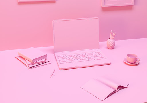 Minimal concept, Laptop on table Work desk pink color and mock-up for your text with notebook and cup. 3d render. - Illustration