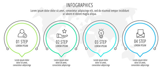Modern line vector illustration. Infographic circles template with four elements, sectors, icons. Timeline designed for business, presentations, web design, workflow layout, diagrams with 4 steps