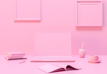 Minimal concept, Laptop on table Work desk pink color and mock-up for your text with notebook and cup. 3d render. - Illustration