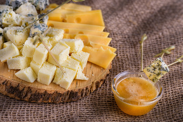 Honey and cheese pieces. Pieces cheese on natural background. Sliced natural cheeses, top view. Different sorts cheese on wooden board. Cheese with mold and honey close-up, side view.