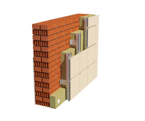 3d render image of insulated house wall with ventilated facade. Detailed concept of insulation, showing all layers.