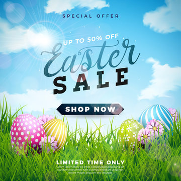 Easter Sale Illustration with Color Painted Egg and Spring Flower on Cloudy Sky Background. Vector Holiday Design Template for Coupon, Banner, Voucher or Promotional Poster.