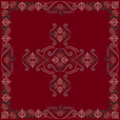 Bandana with roses.Burgundy vintage ornamental floral pattern.Vector print square.