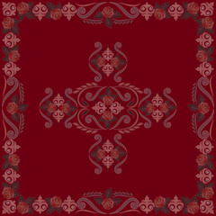 Bandana with roses.Burgundy vintage ornamental floral pattern.Vector print square.