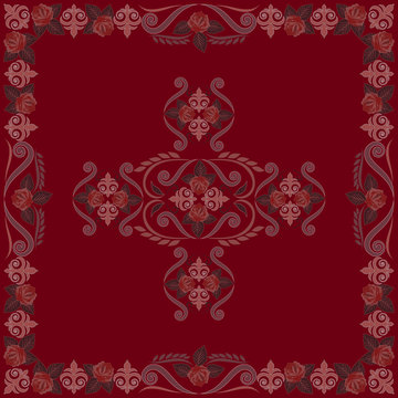 Bandana with roses.Burgundy vintage ornamental floral pattern.Vector print square.
