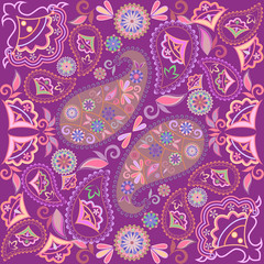 Bandana paisley and seamless purple ethnic geometric pattern with flowers. Vector print square.