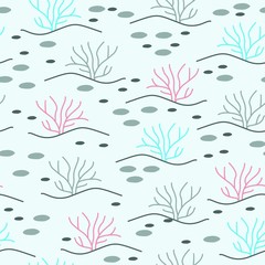Meadow and tufts of grass, hand drawn landscepe scene, vector repeat seamless pattern. Colorful drawing and pattern elements. 