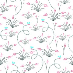 Blooming meadow – pink flovers and flying insects, colorful hand drawn nature scene. Vector seamless repeat pattern. 