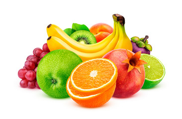 Assortment of exotic fruits isolated on white background with clipping path