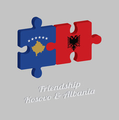 Jigsaw puzzle 3D of Kosovo flag and Albania flag with text: Friendship Kosovo & Albania. Concept of Friendly between both countries.