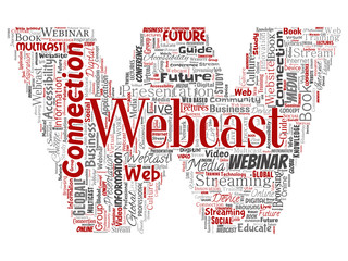 Vector conceptual webcast or webinar letter font red communication online network education word cloud isolated background. Collage of future presentation seminar, multicast global streaming concept