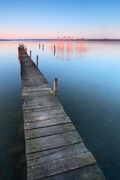 Narrow pier, morning light, Lake Plau, Plau am See, Mecklenburg-Western Pomerania, Germany, Europe