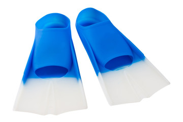 pair of blue flippers for swimming in the pool or for aqua fitness, on a white background