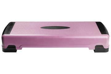 pink plastic aerobic step for training, fitness board, height-adjustable, sports equipment, on a...