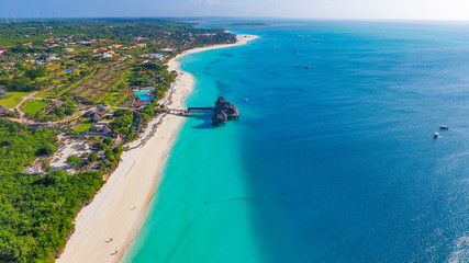 Paradise tropical island white sand beach Zanzibar aerial view